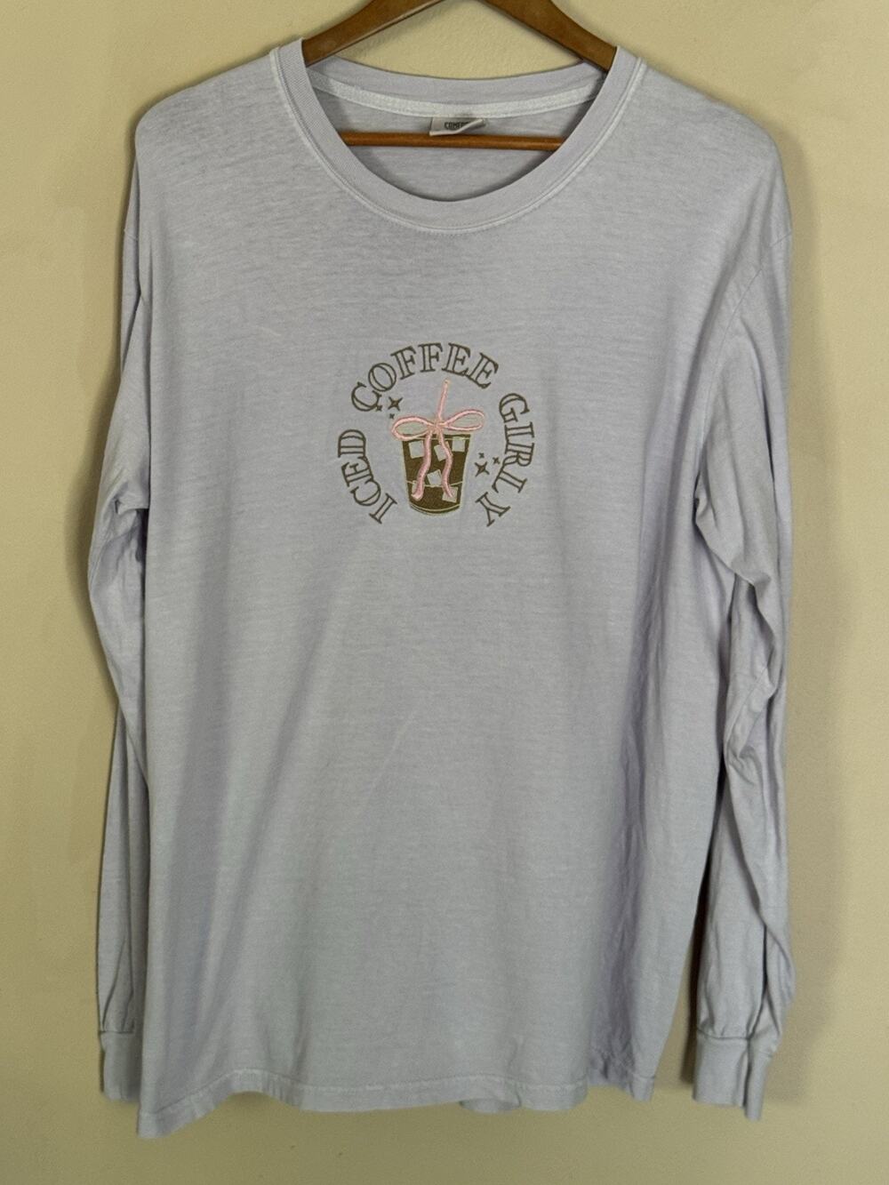 Comfort Colors Lavender Sleeve T-Shirt “Iced Coffee Girly” Large